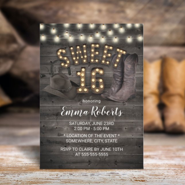 Convites Cowgirl Rustic Barn Wood Western Sweet 16 (Criador carregado)