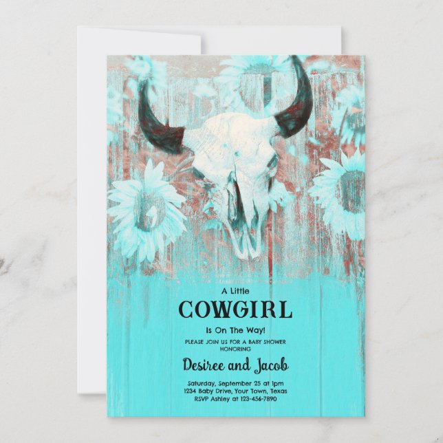 Convites Cowgirl Western Country Floral Teal Baby Shower (Frente)