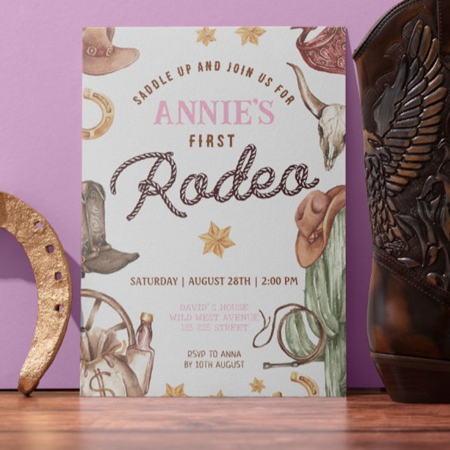 Convites Cowgirl Wild West 1rua Rodeo Ranch Festa de aniver (Cowgirl Wester Rodeo 1st Baby Girl Party Invitation Template Digital or printed )