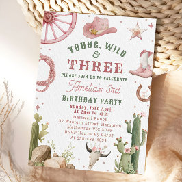 Convites Cowgirl Young Wild & Three Birthday Invitation 