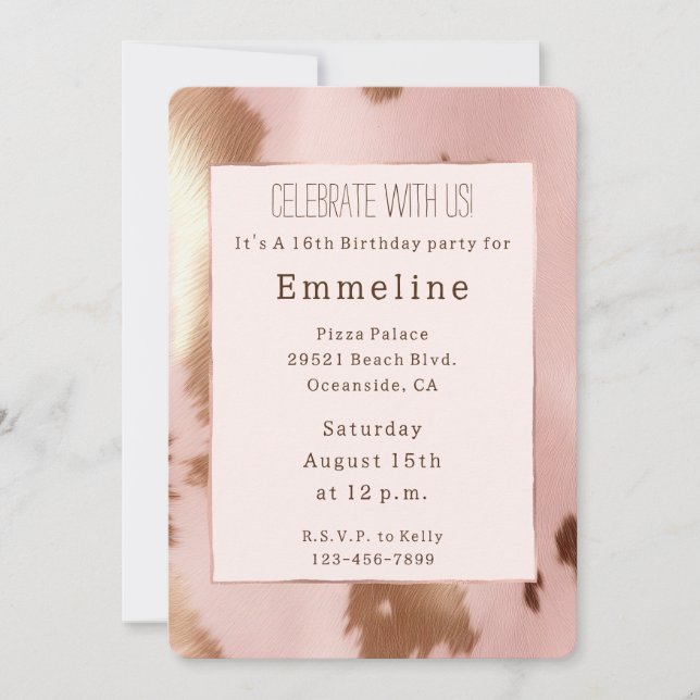 Convites Cowhide Dourada-Rosa-Rosa-Blush (Frente)