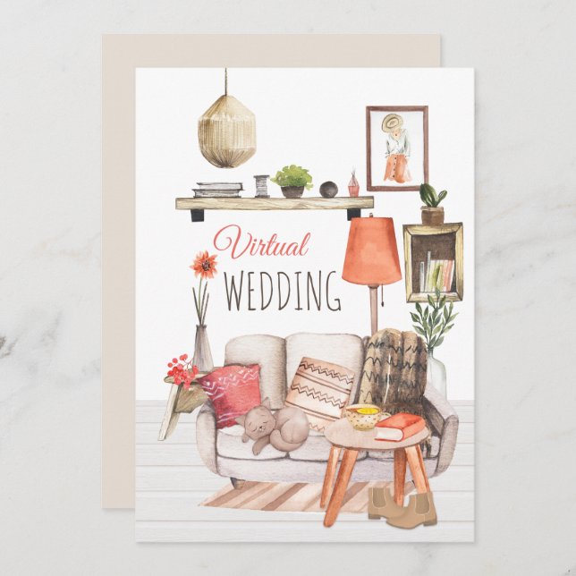 Convites Cozy Comfort of Home Script Virtual Wedding (Frente/Verso)