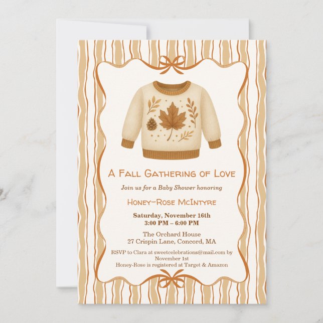 Convites Cozy Fall Baby Shower | Neutral Cream & orange (Frente)