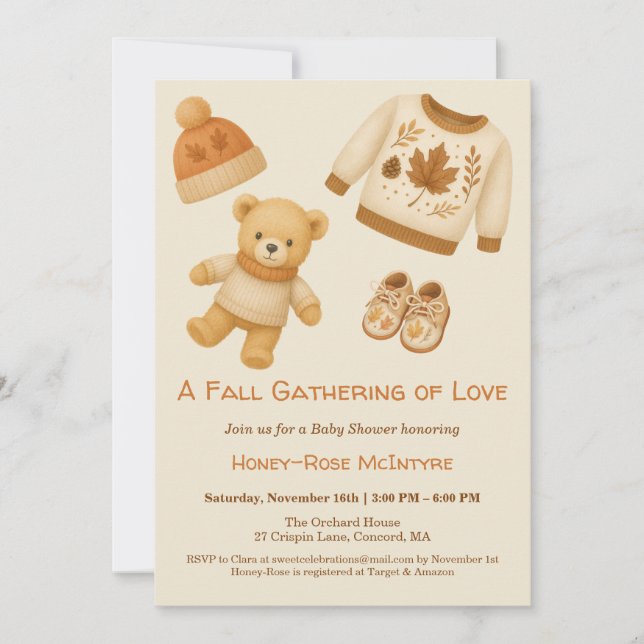 Convites Cozy Fall Baby Shower | Neutral Cream & orange (Frente)