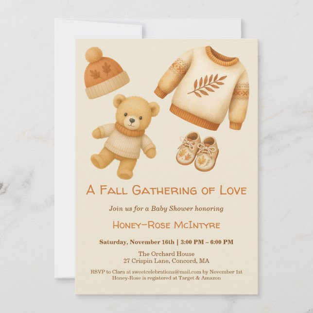 Convites Cozy Fall Baby Shower | Neutral Cream & orange (Frente)
