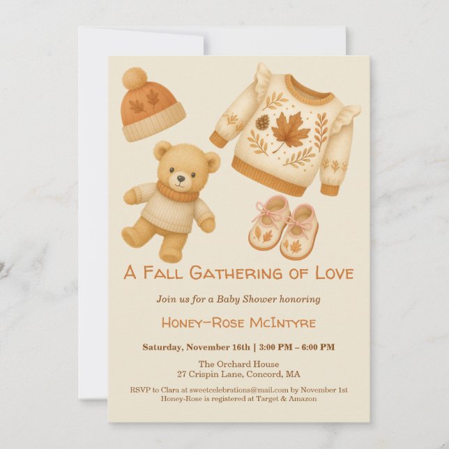 Convites Cozy Fall Baby Shower | Neutral Cream & orange (Frente)