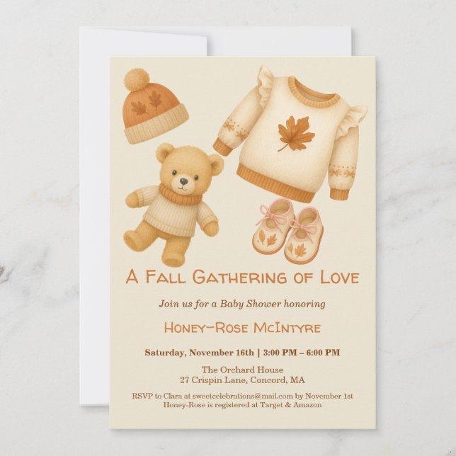 Convites Cozy Fall Baby Shower | Neutral Cream & orange (Frente)