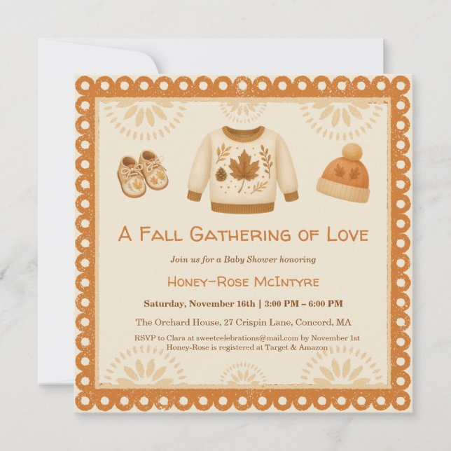 Convites Cozy Fall Baby Shower | Neutral Cream & orange (Frente)