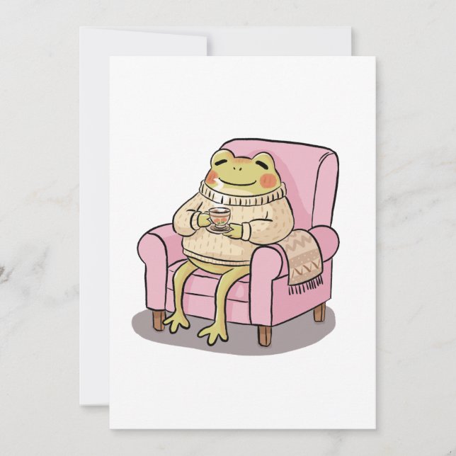 Convites Cozy Frog Drinking Tea On Sofa Illustration (Frente)