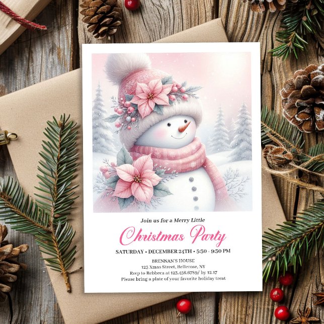 Convites Cozy Pink Coquette Snowman Editable Christmas Kids (Cozy Pink Coquette Snowman Editable Christmas Kids Invite)