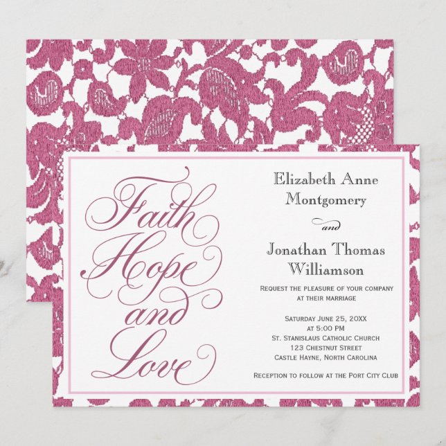 Convites Cranberry Lace Script Faith Hope & Love Wedding (Frente/Verso)