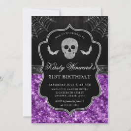 Convites Crânio Brilhante Roxo e Teia de Aranha Aniversário