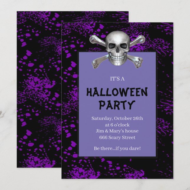 Convites Crânio Crossbones Roxo Splattered Halloween (Frente/Verso)