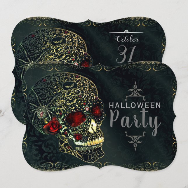 Convites Crânio de Aranha com Joias e Rosas Festa Glam Gour (Frente/Verso)