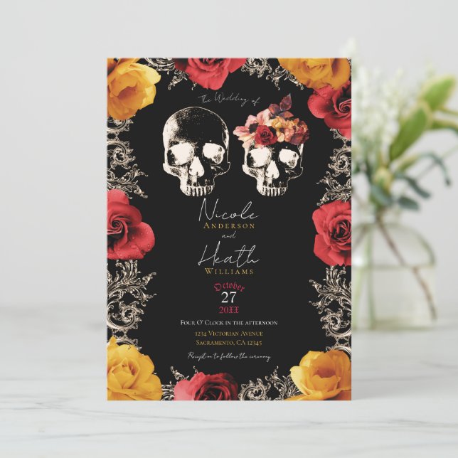 Convites Crânio de Esqueleto Vermelho Amarelo Outono Floral (Em pé/Frente)