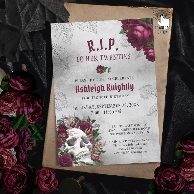 Convites Crânio e Rosas de Aniversário RIP Década  (Criador carregado)