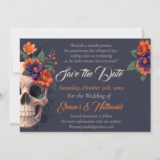 Convites Crânio Floral 3D Gótico Elegante Salve a Data (Verso)