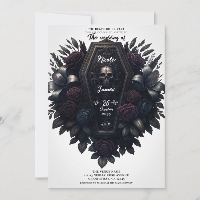 Convites Crânio Floral Coffin Bloom Branco Casamento Gótico (Frente)