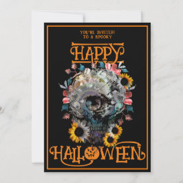 Convites Crânio Floral Feliz Halloween Festa Laranjas Preta