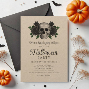 Convites Cranio Floral Preto Vintage Halloween