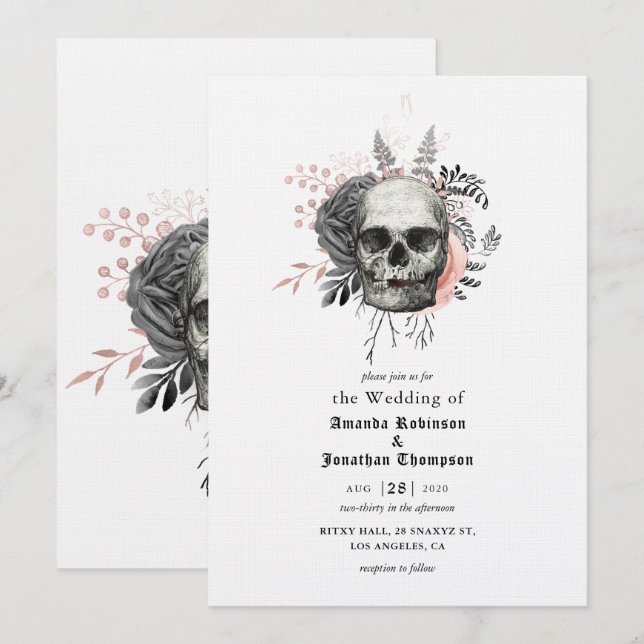 Convites Crânio Floral Rosa Casamento Gótico de Halloween (Frente/Verso)