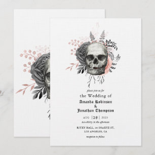Convites Crânio Floral Rosa Casamento Gótico de Halloween
