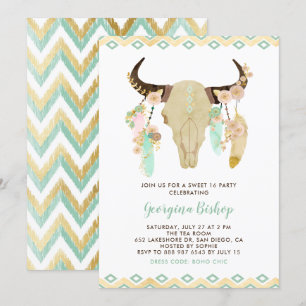 Convites Crânio Floral Tribal e Penas Doce Dezesseis