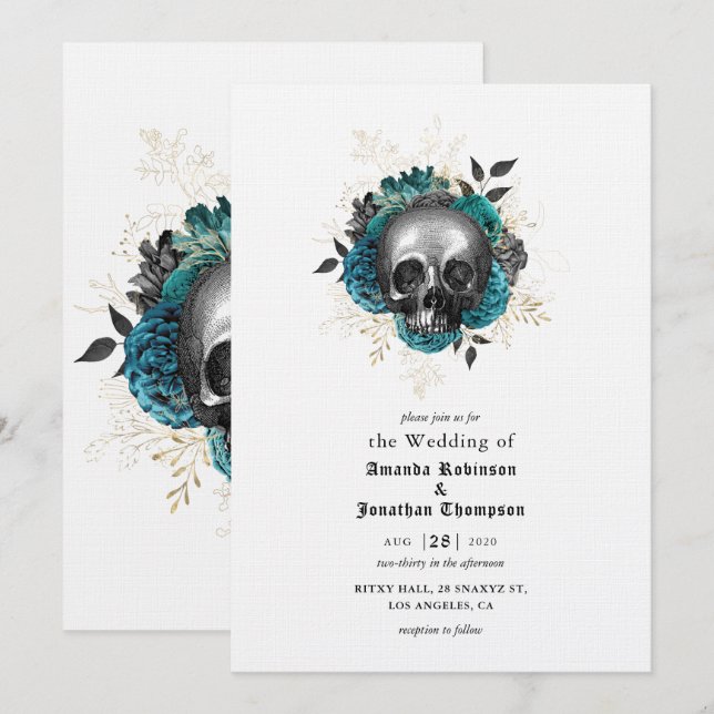 Convites Crânio Floral Turquesa Casamento Gótico de Hallowe (Frente/Verso)