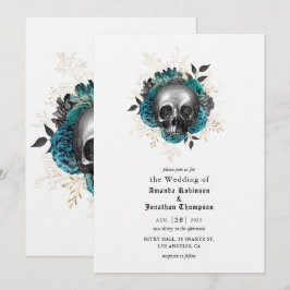 Convites Crânio Floral Turquesa Casamento Gótico de Hallowe