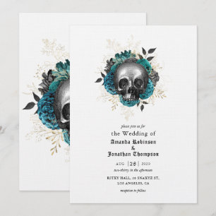 Convites Crânio Floral Turquesa Casamento Gótico de Hallowe