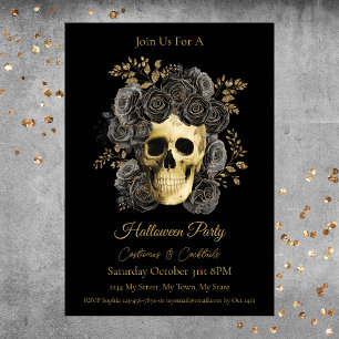 Convites Cranio Gótico Rosas Pretas e Douradas Festa de Hal