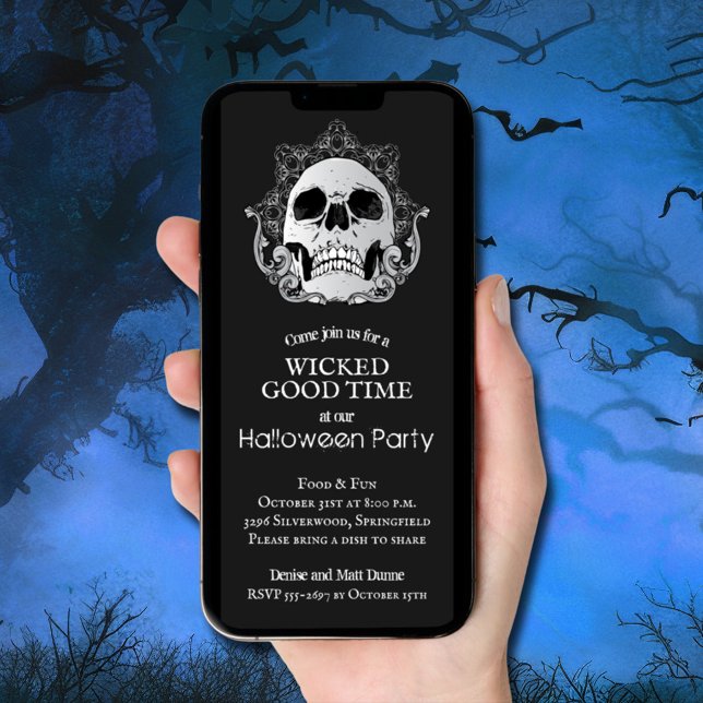 Convites Crânio no Dia das Bruxas Negro (Gothic skull on black Halloween party invitations - INSTANT DOWNLOAD and/or printed)