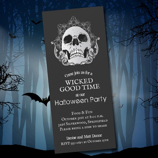 Convites Crânio no Dia das Bruxas Negro (Skull on Black Halloween Party Invitations)