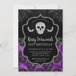 Convites Crânio Preto e Roxo e Teias de Aranha Aniversário 