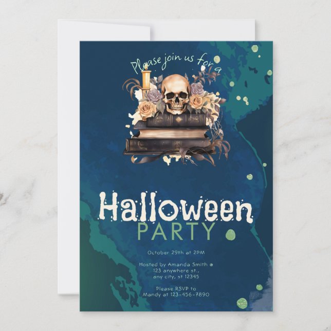 Convites Crânio sobre Livros com Rosas Festa de Halloween (Frente)