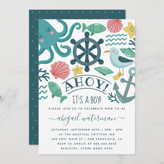 Convites Crânios do Mar Náutico em Cute é um Chá de fraldas (Frente/Verso)