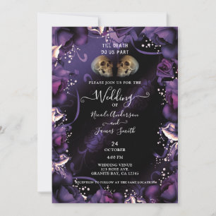 Convites Crânios Góticos & Rosas Roxas Casamento de Hallowe