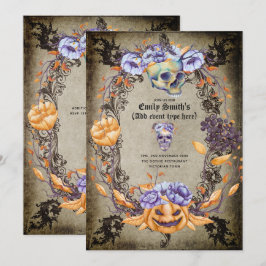 Convites Cránios Góticos Vintage Flores Roxas Laranja Góthi