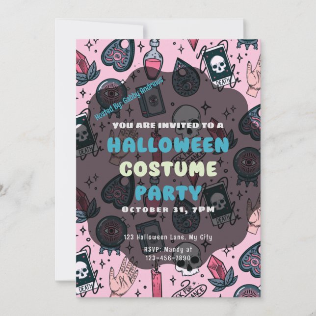 Convites Crânios Rosa Tarot Velas Cristais do Dia das Bruxa (Frente)