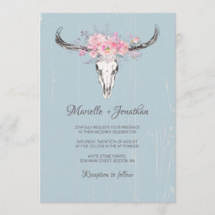 Convites Cravo de Vaca Rústico Boho Rosa Floral Aquarela Az