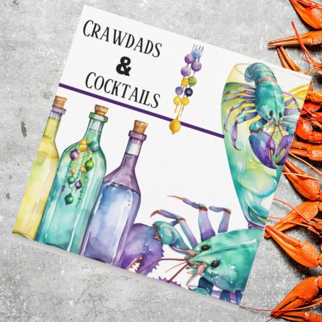 Convites Crawdads Cocktails e Mardi Gras Party (Beads and crawdads seafood boil party invitations you customize. )