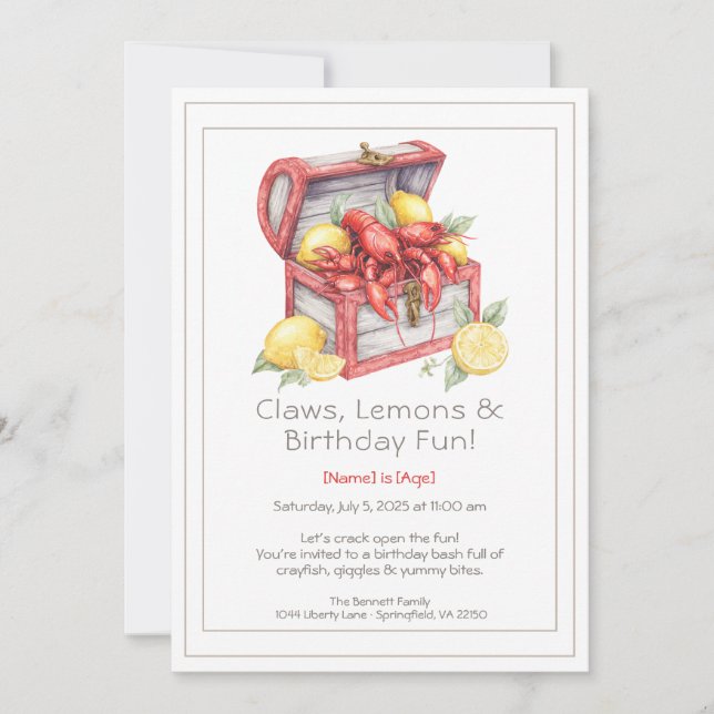 Convites Crayfish & Lemon Treasure Chest Birthday  (Frente)