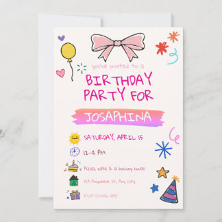 Convites Crayon Birthday Party, Hand-Drawn Kids Invitation