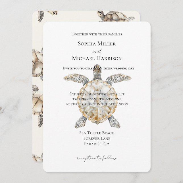 Convites Cream Beach Sea Turtles Wedding (Frente/Verso)