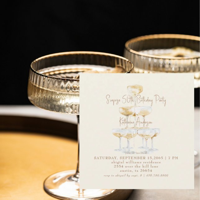 Convites Cream Champagne Square Surprise 50th Birthday (Criador carregado)