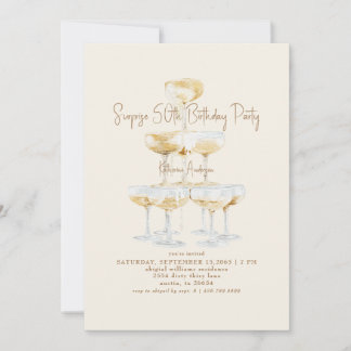 Convites Cream Champagne Tower Surprise 50th Birthday Party