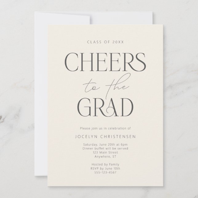 Convites Cream Charcoal Gray Modern Cheers Grad Party (Frente)