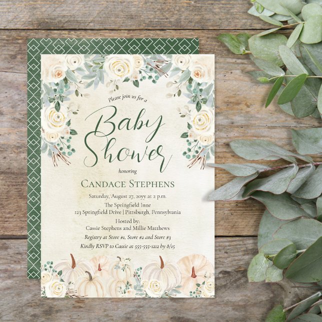 Convites Cream Floral | Abóboras - Chá de fraldas verde flo (Beautiful gender neutral forest and sage green with cream-colored pumpkins and florals "Baby Shower")