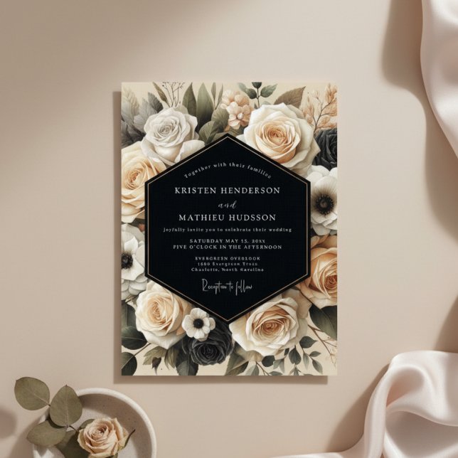 Convites Cream Floral Nocturne Wedding (Criador carregado)