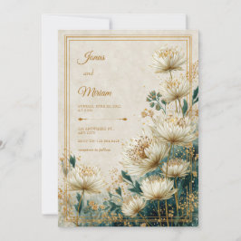 Convites Cream Gilded Astrantia Teal Watercolor Wedding